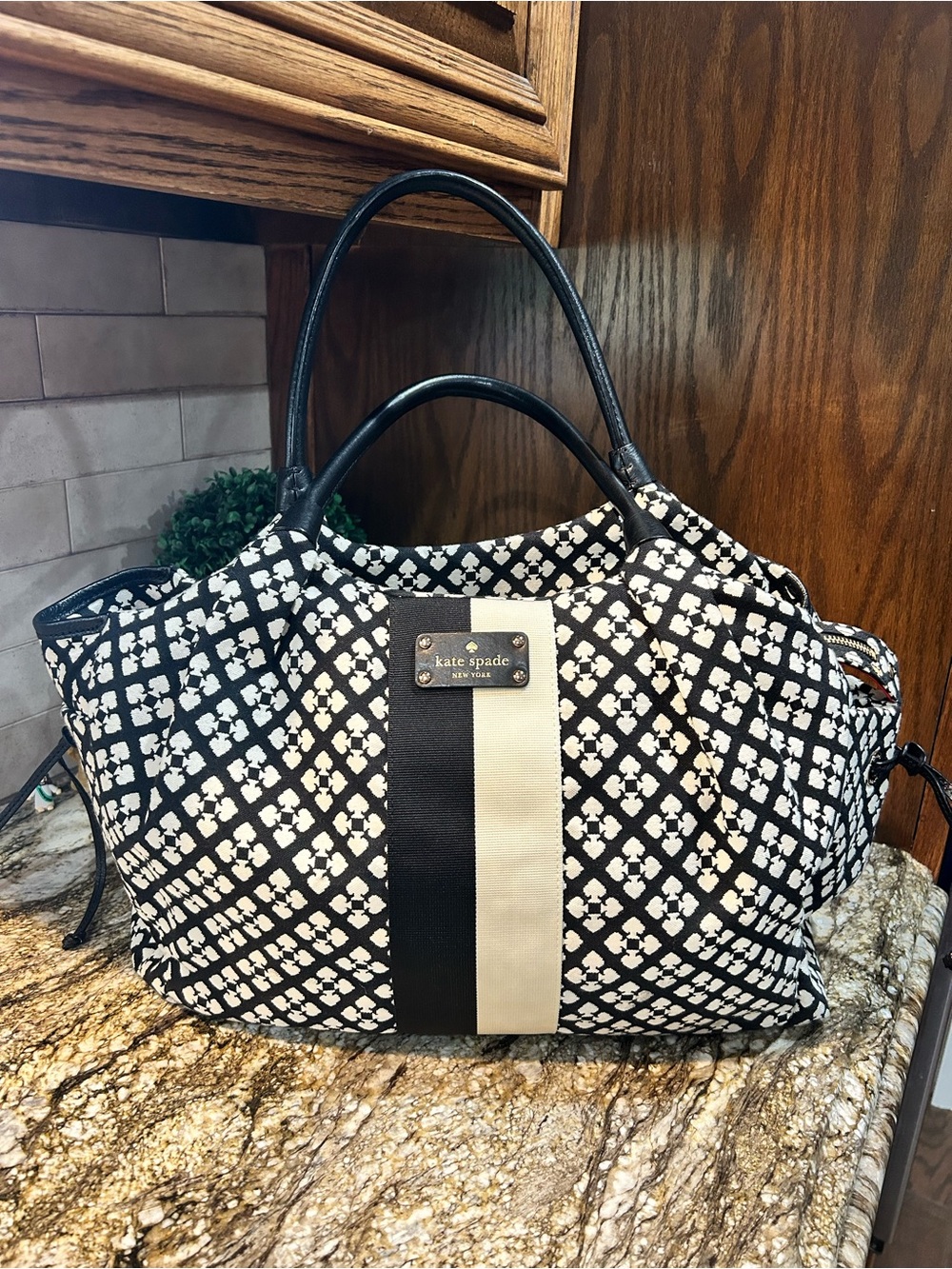 kate spade Black & White Patterned Tote with Center Stripe